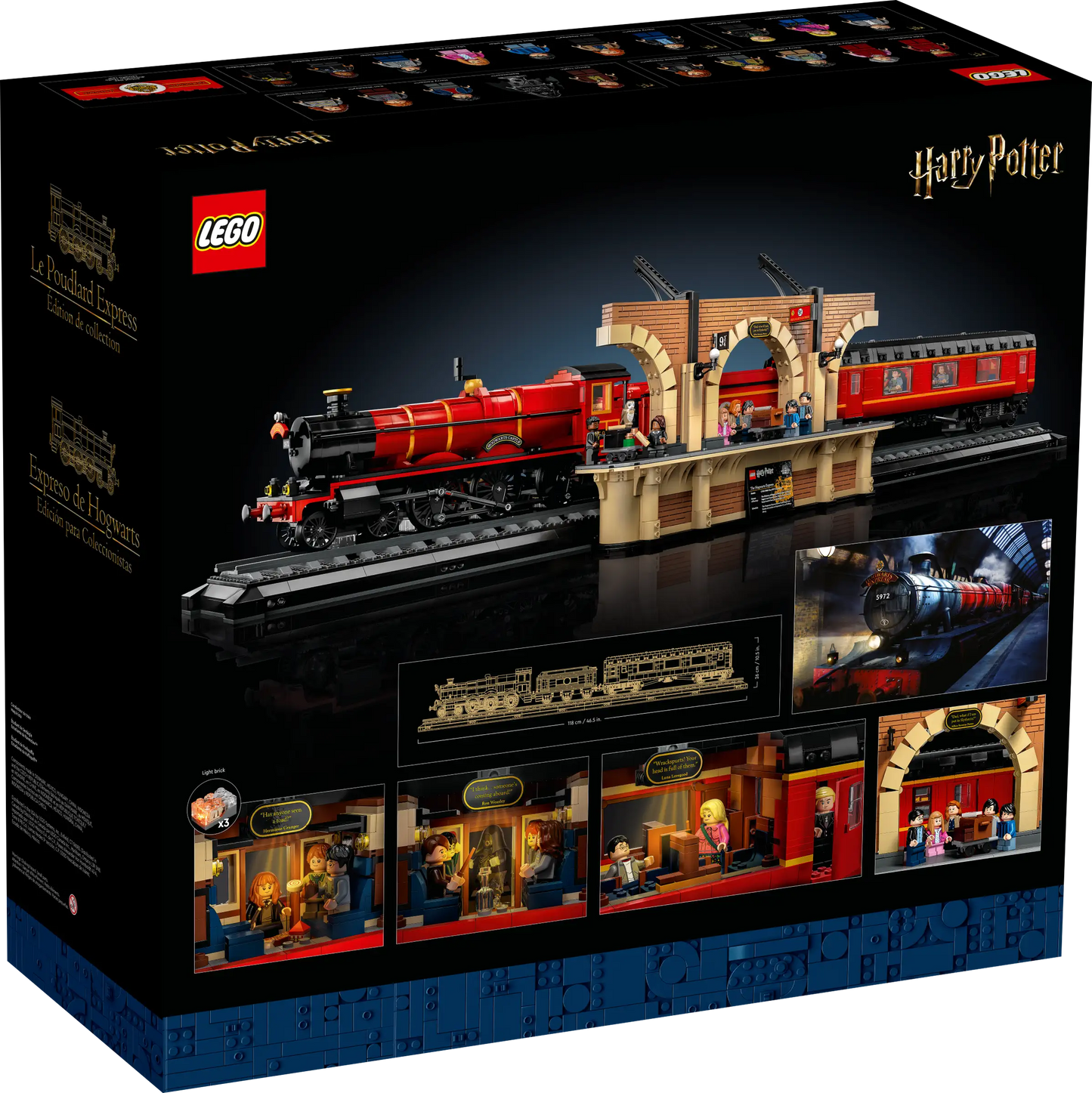 Complete LEGO Harry Potter Zweinstein Express™ (76405) met locomotief, kolentender, passagierswagon en Perron 9¾ displaystandaard.