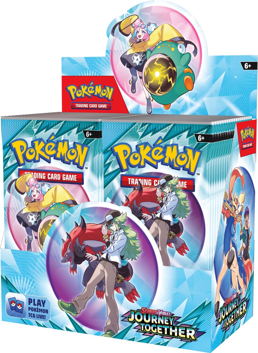 Pokémon Scarlet & Violet Journey Together Booster Box met 36 packs, illustratie van N's Zoroark ex en Iono's Bellibolt ex.