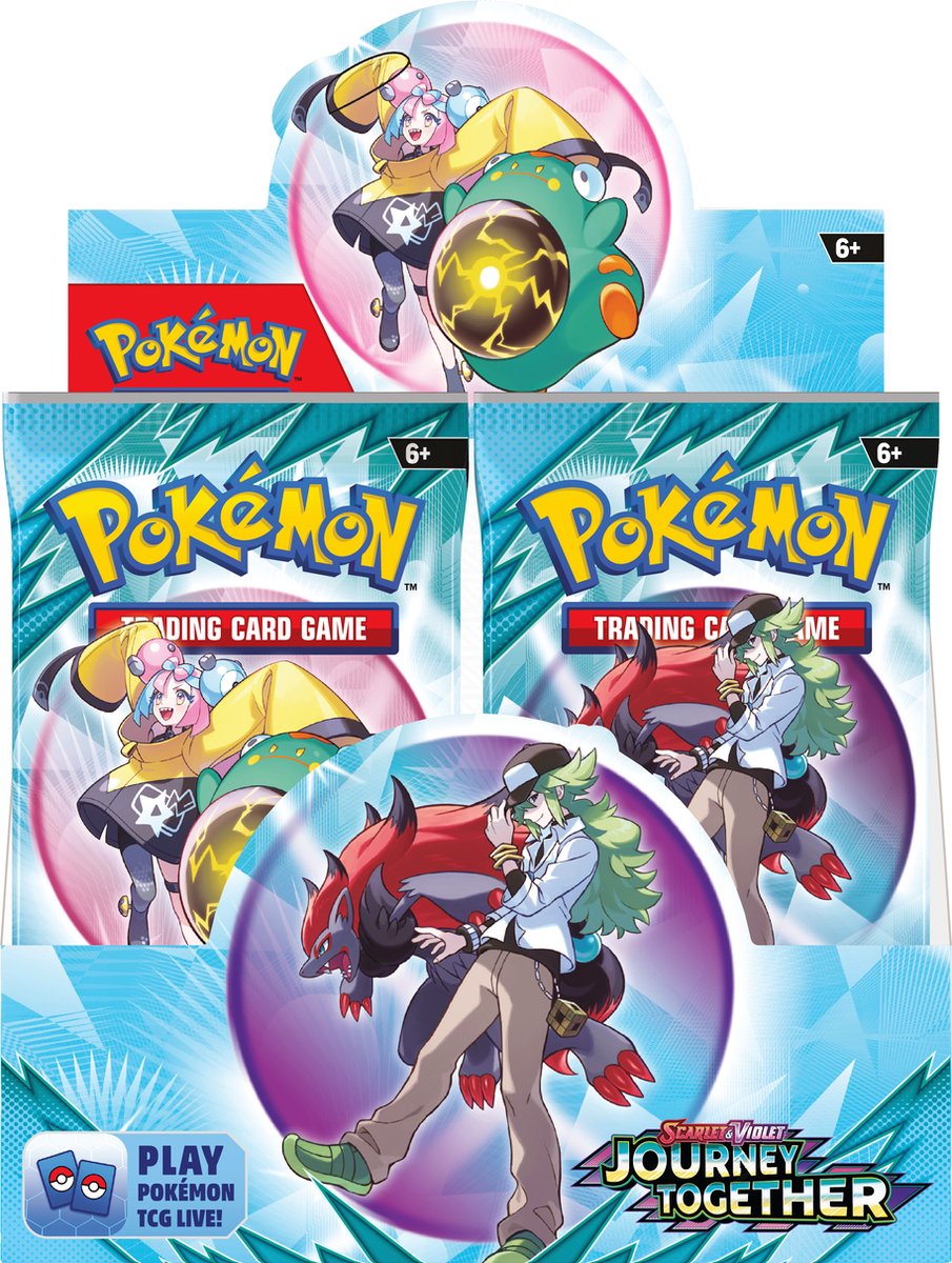 Close-up van Pokémon Scarlet & Violet Journey Together booster packs met artwork van Iono's Bellibolt ex en Lillie's Clefairy ex.