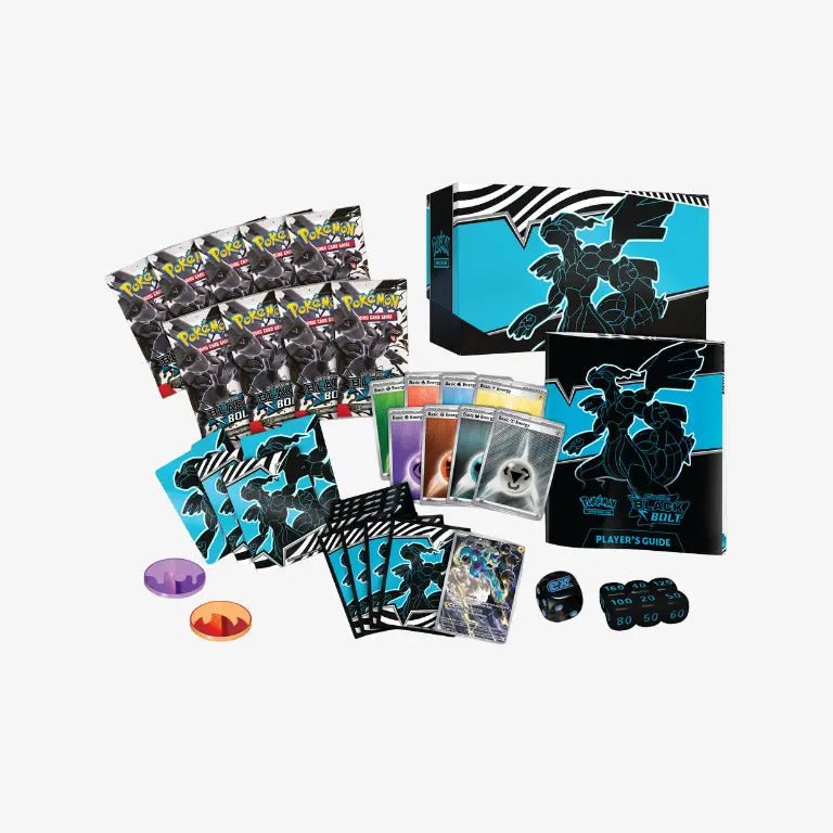 Complete inhoud van de Pokémon TCG Black Bolt Elite Trainer Box met 9 boosters, accessoires en promo