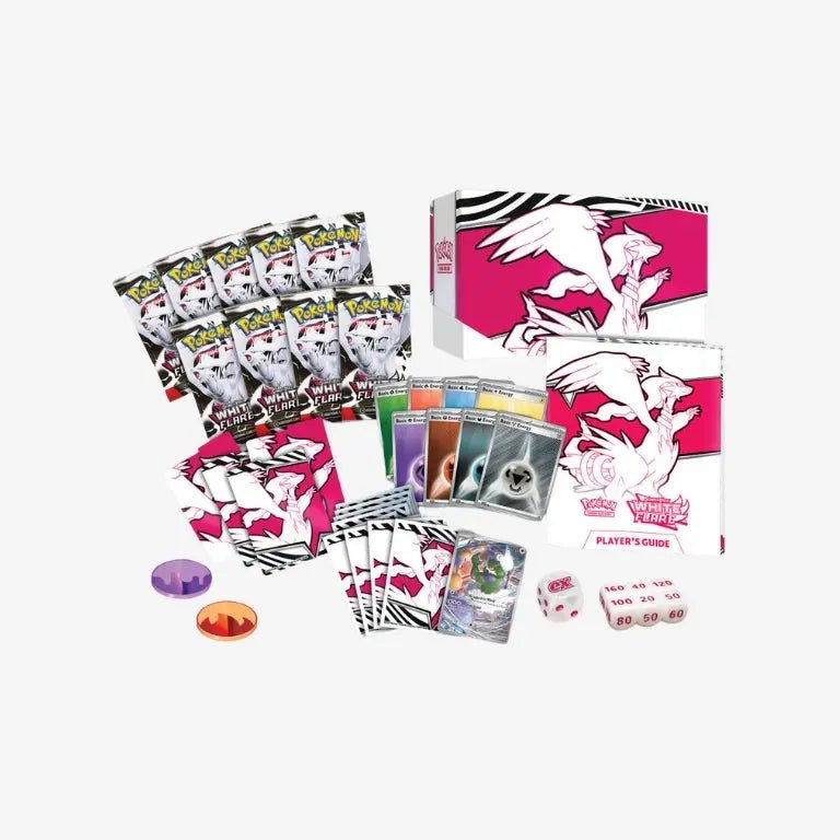 Detail van de inhoud van de White Flare Elite Trainer Box met booster packs, sleeves en Tornadus promo.
