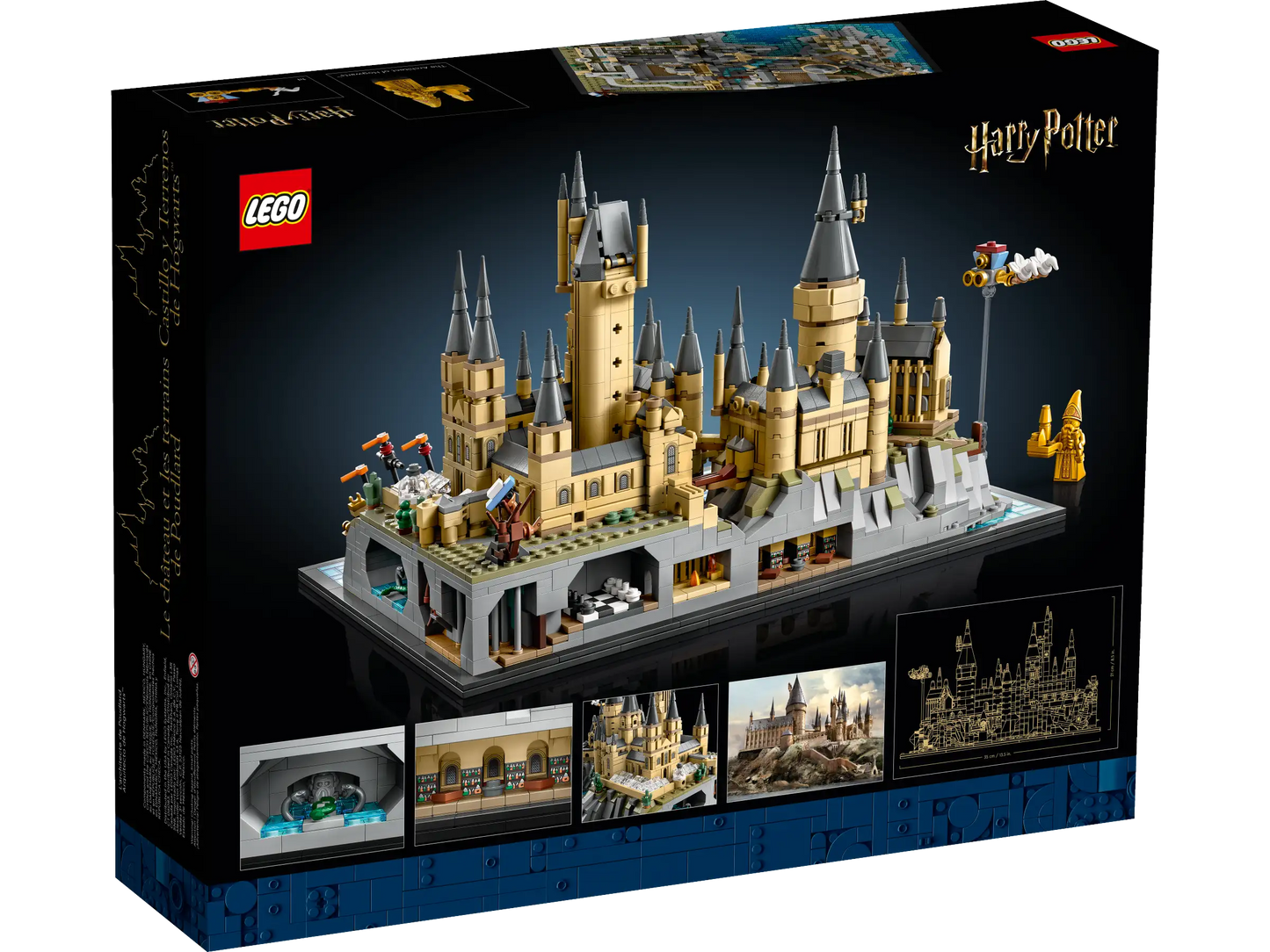 Achterkant van LEGO Harry Potter 76419 Kasteel Zweinstein en terrein met gedetailleerde kamers en scènes