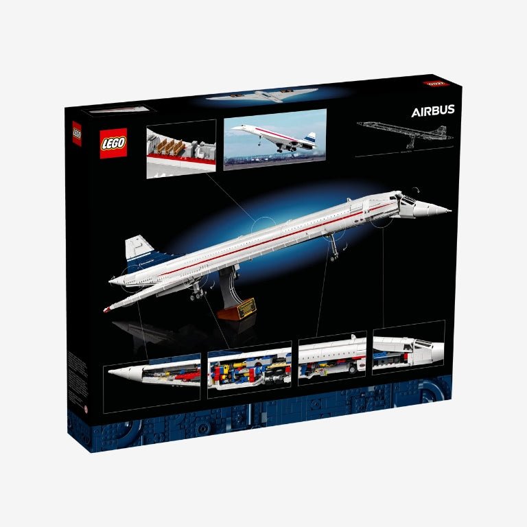 Achterkant van de LEGO Icons 10318 Concorde – gedetailleerde functies, afmetingen en bouwbare standaard getoond op de verpakking