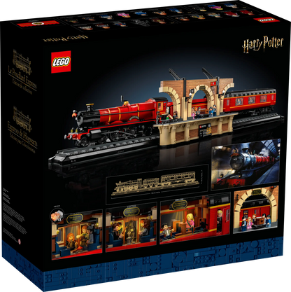 Complete LEGO Harry Potter Zweinstein Express™ (76405) met locomotief, kolentender, passagierswagon en Perron 9¾ displaystandaard.