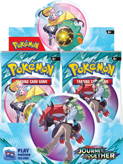 Close-up van Pokémon Scarlet & Violet Journey Together booster packs met artwork van Iono's Bellibolt ex en Lillie's Clefairy ex.