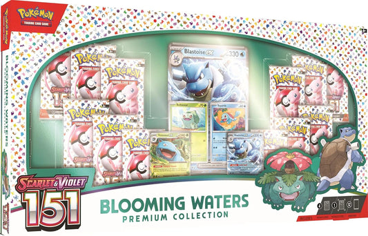 Afbeelding van de Pokémon Scarlet & Violet 151 Blooming Waters Premium Collection Box, inclusief exclusieve kaarten, een premium pin en andere verzamelobjecten voor Pokémon fans en verzamelaars van Scarlet en Violet.