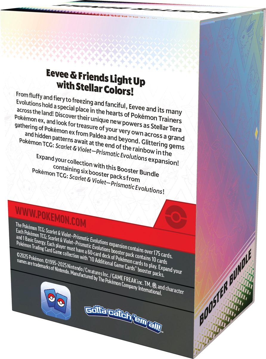 Achterkant Pokémon Prismatic Evolutions Booster Bundle verpakking met EAN-code 196214106130 – officiële Pokémon kaarten set.