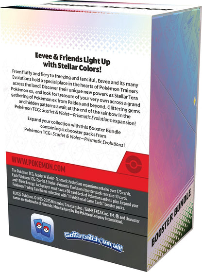 Achterkant Pokémon Prismatic Evolutions Booster Bundle verpakking met EAN-code 196214106130 – officiële Pokémon kaarten set.