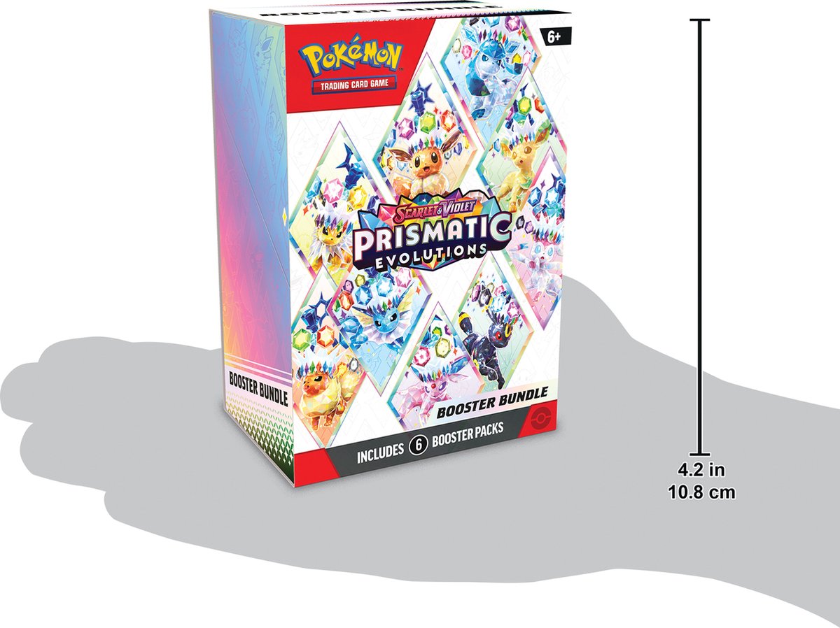 Afmetingen van de Pokémon SV08.5 Prismatic Evolutions Booster Bundle doos – verpakking van 7,4 x 5,1 x 10,7 cm met 6 originele boosterpacks.