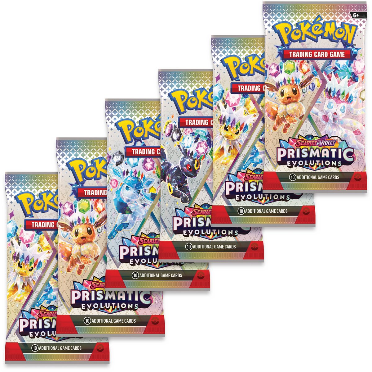  6 Pokémon TCG Prismatic Evolutions boosterpacks uit de Scarlet & Violet SV08.5 set – kaartverzameling voor spelers en verzamelaars.