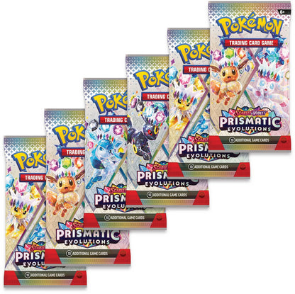  6 Pokémon TCG Prismatic Evolutions boosterpacks uit de Scarlet & Violet SV08.5 set – kaartverzameling voor spelers en verzamelaars.