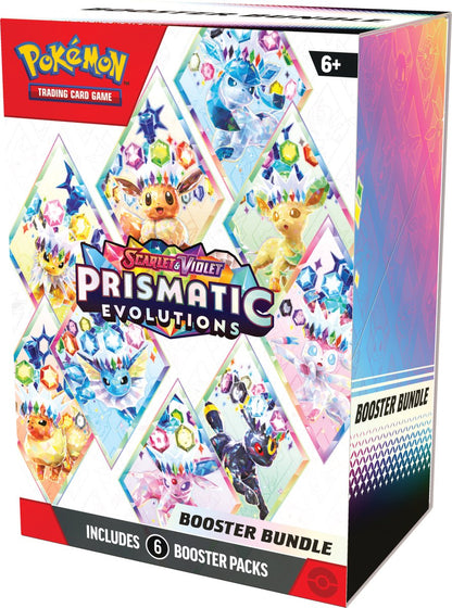 Pokémon Scarlet & Violet SV08.5 Prismatic Evolutions Booster Bundle verpakking met Eevee en evoluties in kleurrijk design – 6 boosterpacks.