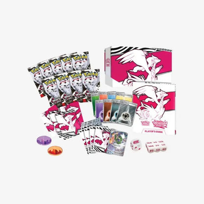 Detail van de inhoud van de White Flare Elite Trainer Box met booster packs, sleeves en Tornadus promo.
