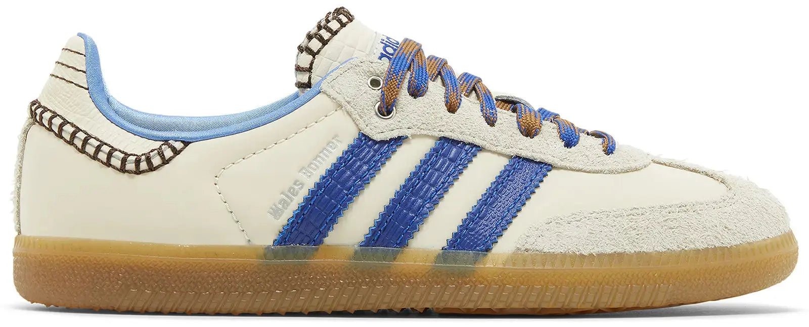 Wales Bonner x adidas Samba Nylon 'Wonder Clay Royal Blue' laterale zijkant met blauwe 3-Stripes en metallic branding