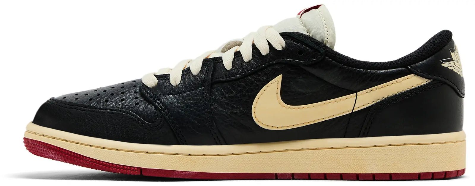 Air Jordan 1 Retro Low OG Nigel Sylvester Better With Time – Zijkant met mini-Swoosh en off-white midsole