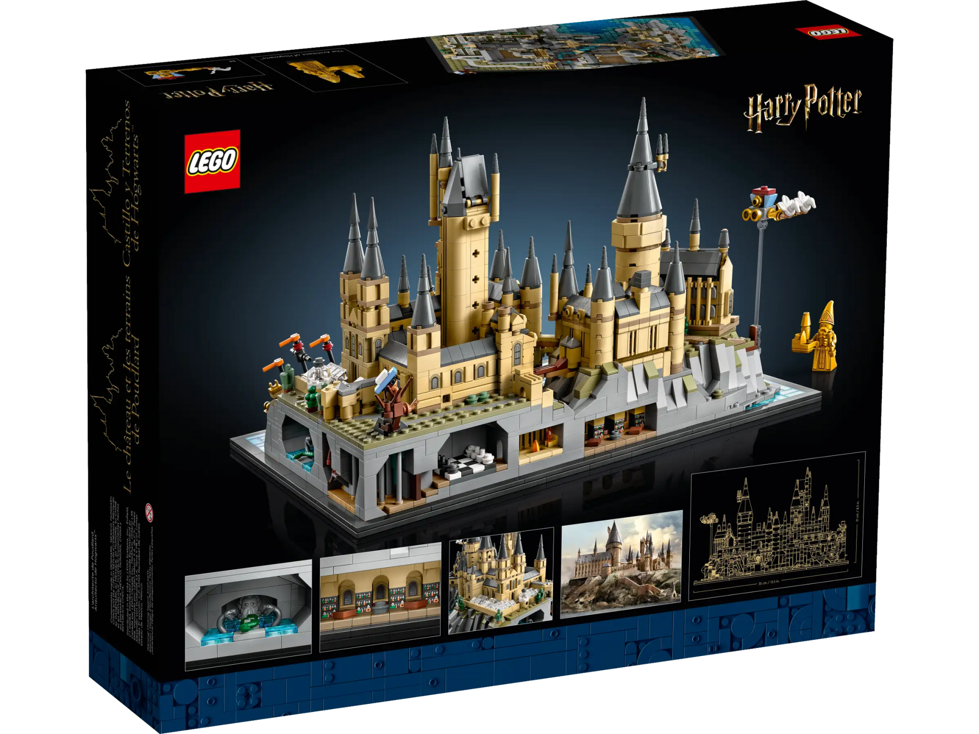 Achterkant van LEGO Harry Potter 76419 Kasteel Zweinstein en terrein met gedetailleerde kamers en scènes