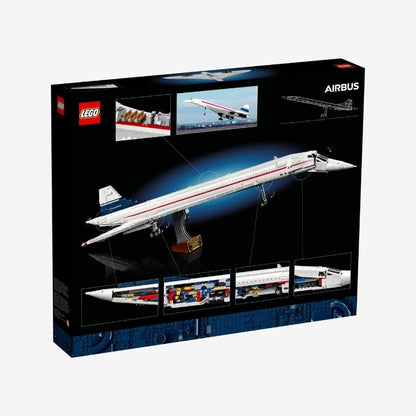 Achterkant van de LEGO Icons 10318 Concorde – gedetailleerde functies, afmetingen en bouwbare standaard getoond op de verpakking