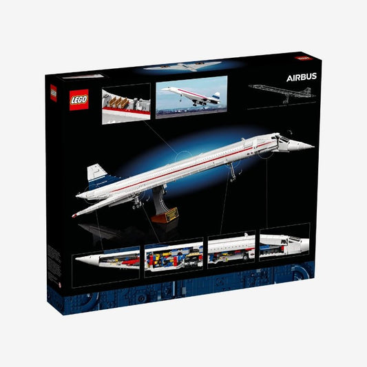 Achterkant van de LEGO Icons 10318 Concorde – gedetailleerde functies, afmetingen en bouwbare standaard getoond op de verpakking