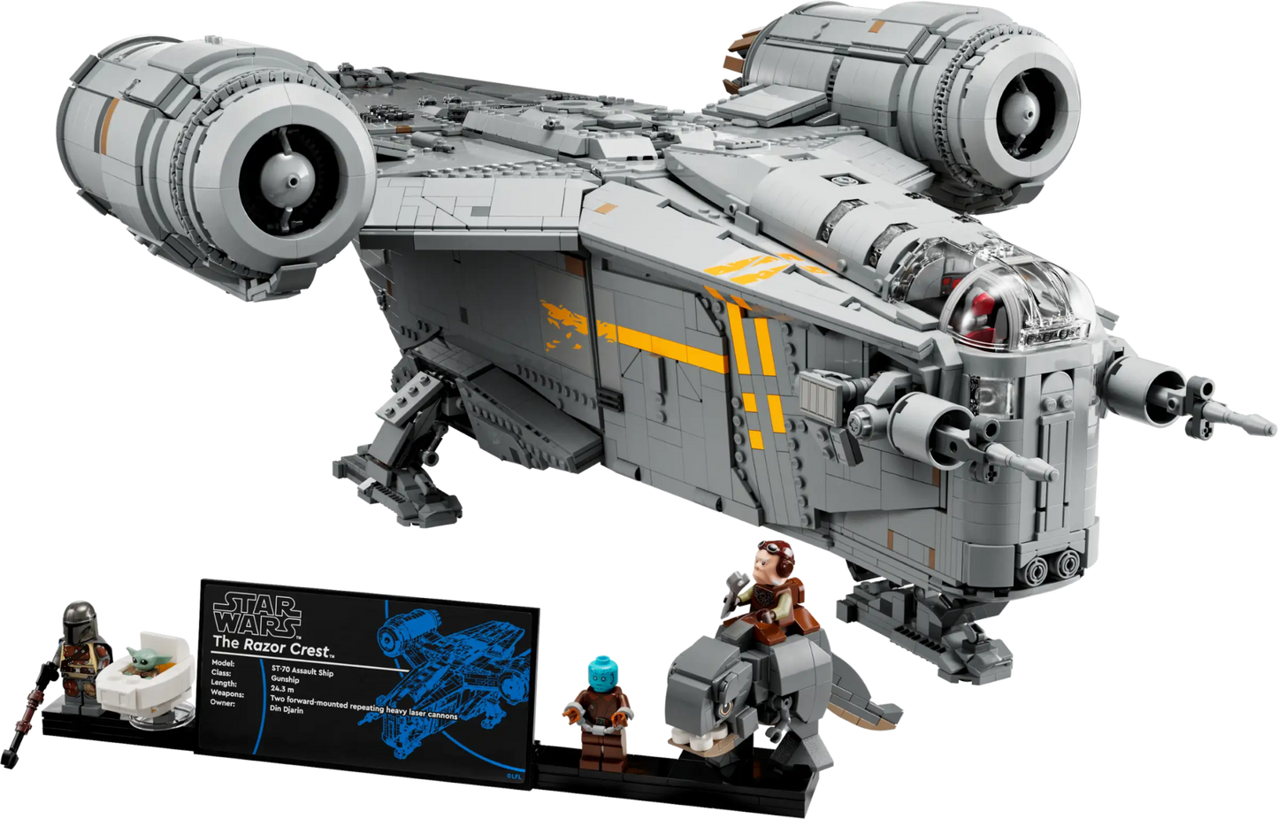 Binnenkant van LEGO Star Wars 75331 Razor Crest met cockpit en vrachtruimte, tentoongesteld