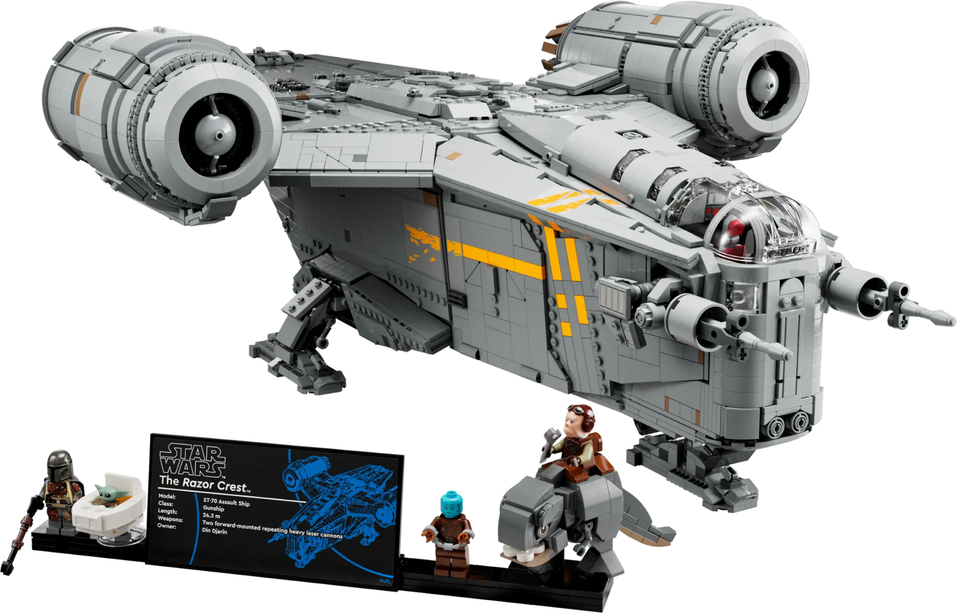 Binnenkant van LEGO Star Wars 75331 Razor Crest met cockpit en vrachtruimte, tentoongesteld