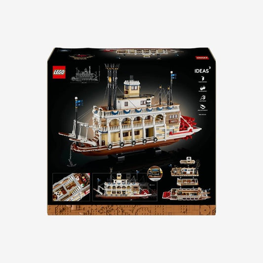 LEGO Ideas 21356 – zijaanzicht van de klassieke stoomboot met draaiend schoepenrad