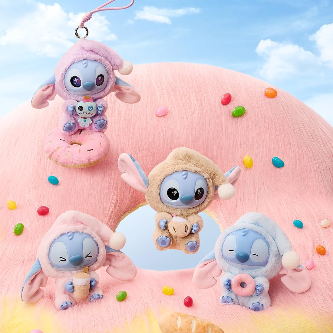 Miniso Top Toy Disney Stitch Eating Something Before Sleep Plush Keychain Sealed Case