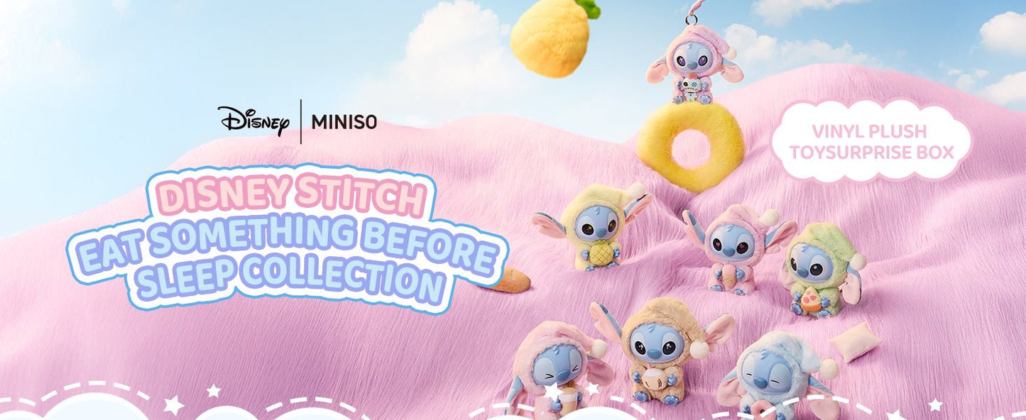 Miniso Top Toy Disney Stitch Eating Something Before Sleep Plush Keychain Sealed Case