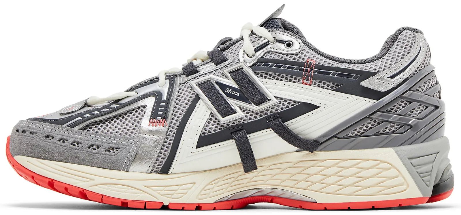 New Balance 1906A Slate Grey Drift Red – zijaanzicht met moderne kleurencombinatie en premium afwerking